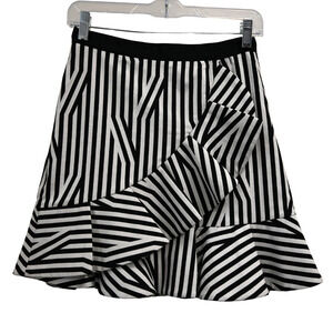 Self-Portrait Mini Skirt Size 4 Black White Striped Asymmetric Ruffle Flared Hem